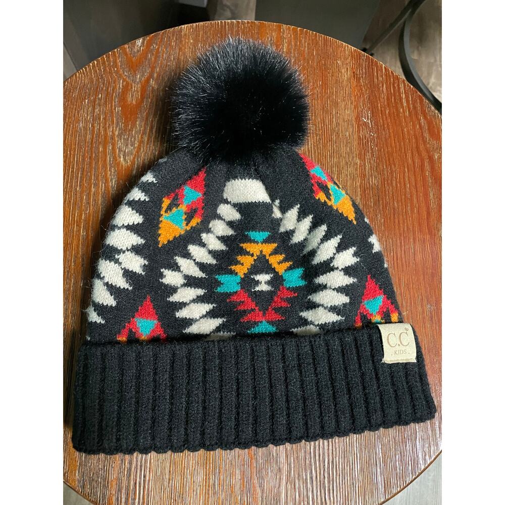 C.C kids Hat winter cap black pom pom Aztec design multi color faux fur